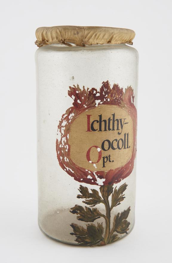 Glass drug jar, with parchment cover