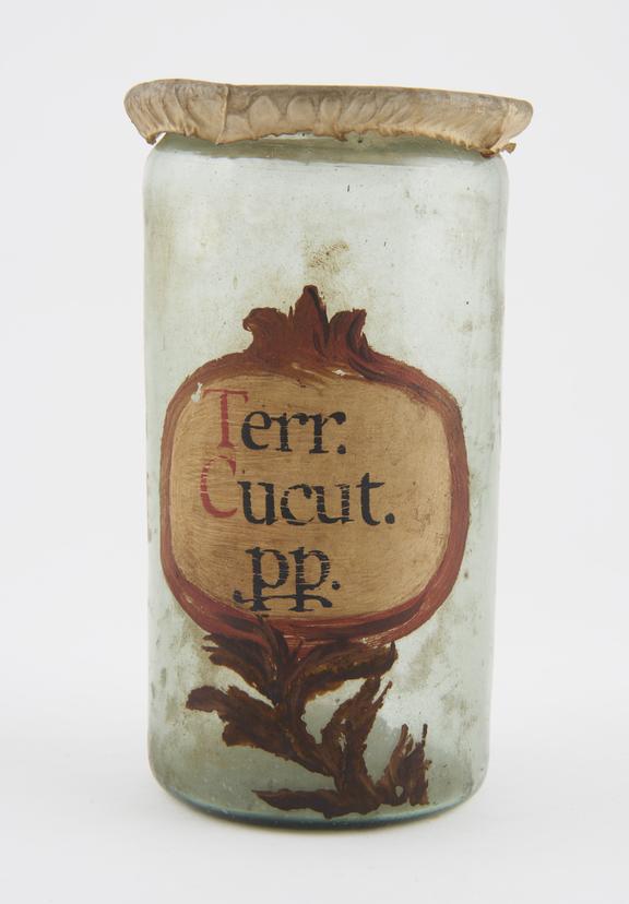 Glass drug jar, cylindrical, with parchment cover