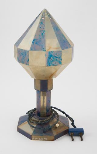 Electric lamp and shade in geometric form, with flex and plug