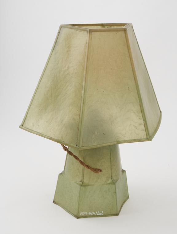 Hexagonal green pearlised celluloid lamp with shade