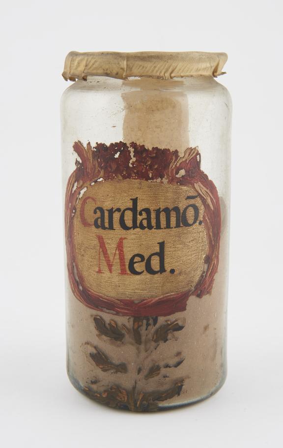 Glass drug jar, labelled CARDAMO MED' (Cardomon)