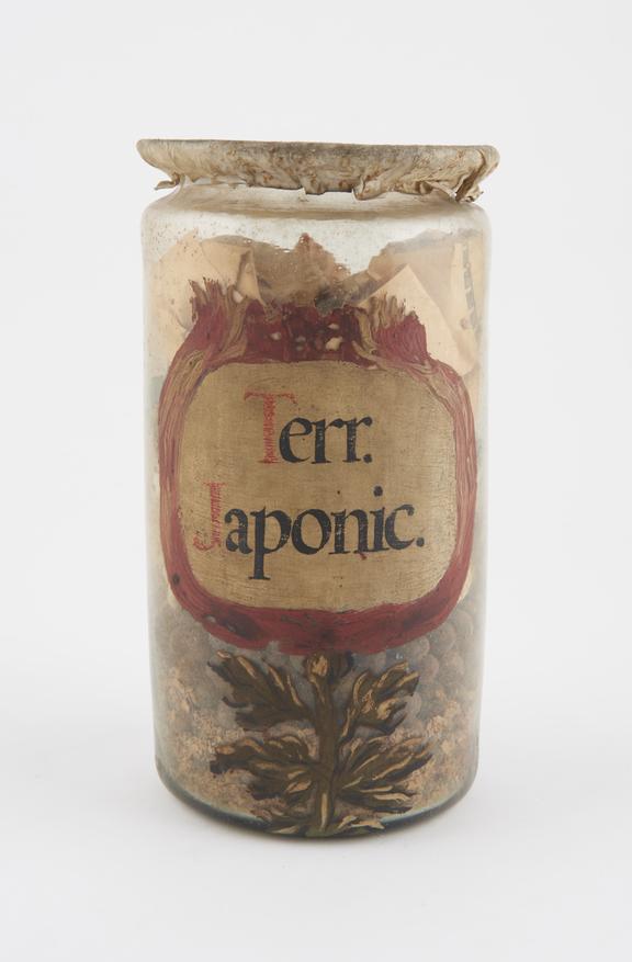 Glass drug jar, with parchment lid