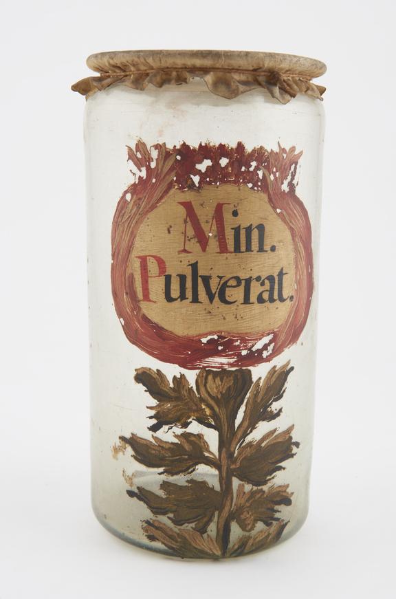 Glass drug jar, cylindrical, with parchment cover, labelled Min