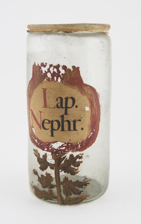 Glass drug jar, with parchment lid, labelled MARFIL NEGRO'