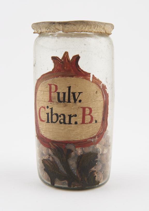 Glass drug jar, labelled Pulv. Cibar.B