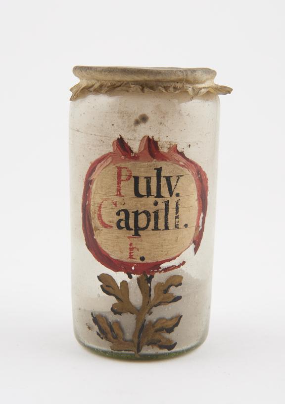 Glass drug jar, cylindrical, with parchment cover