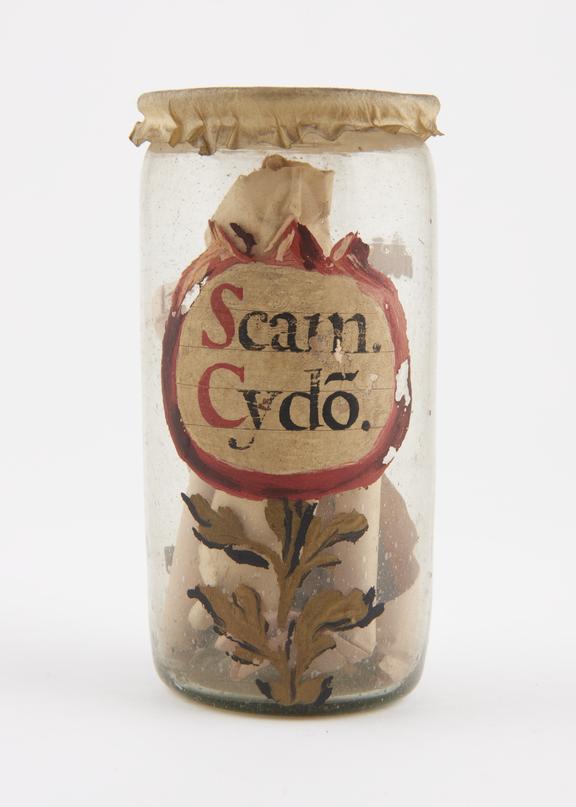 Glass drug jar, cylindrical, with parchment cover