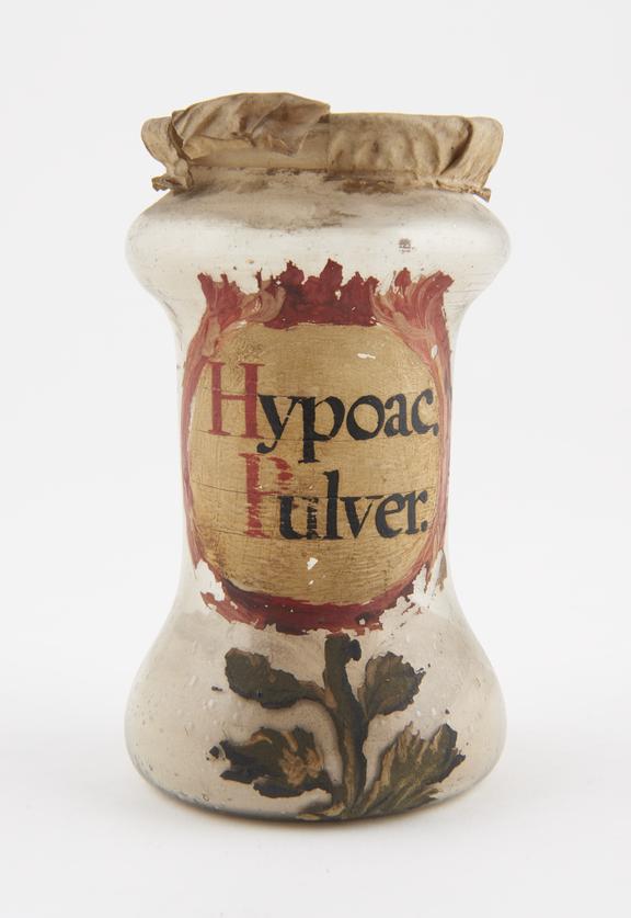 Glass albarello, with vellum cover, labelled Hypoac:Pulver'