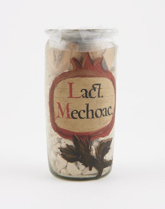 Glass drug jar, cylindrical, labelled Lact.Mechoac