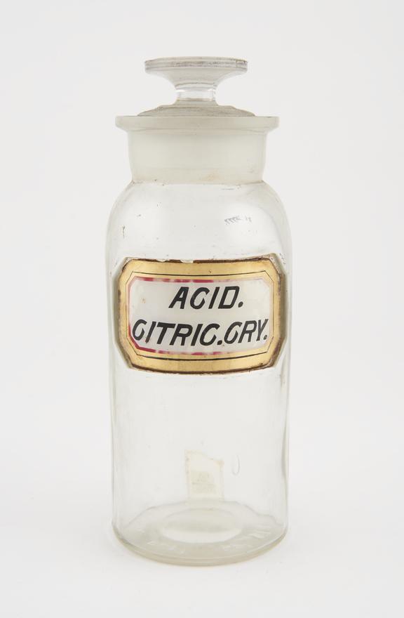 Bottle, clear glass, empty, for citric acid, USA