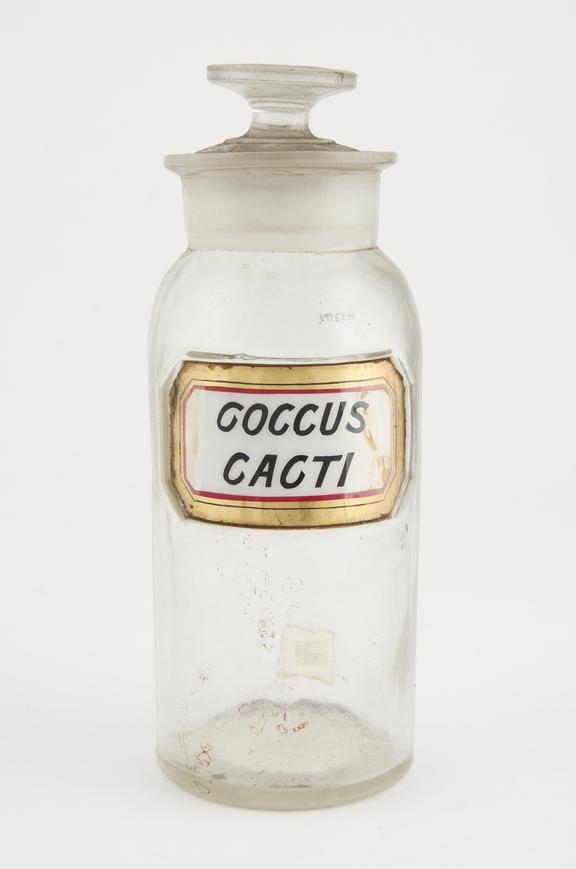 Bottle, clear glass, empty, for coccus cacti, USA