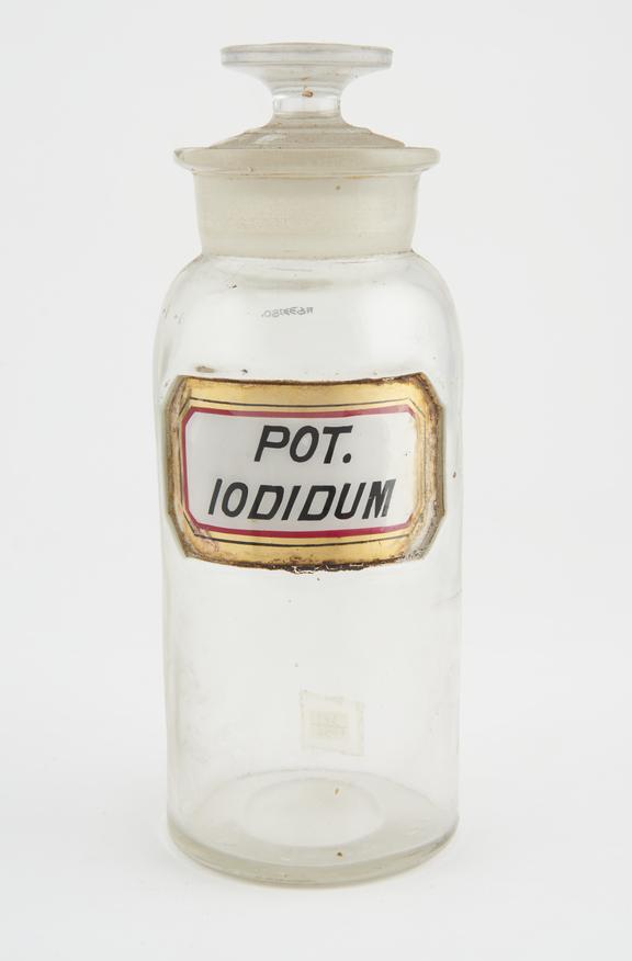 Bottle, clear glass, empty, for potassium iodide, USA