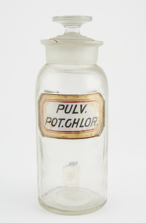 Bottle, clear glass, empty, for powdered potassium chlorate