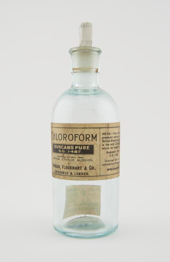 Clear glass shop round, labelled Chloroform', by Duncan