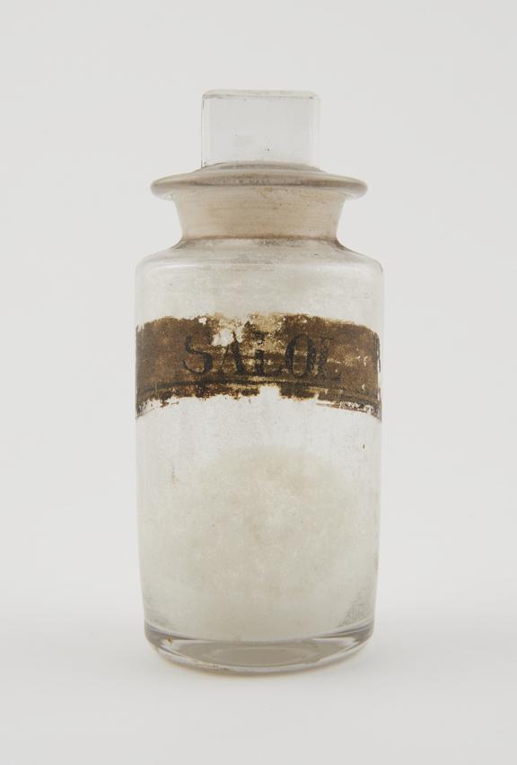 Bottle, clear glass, with contents, for salol, English