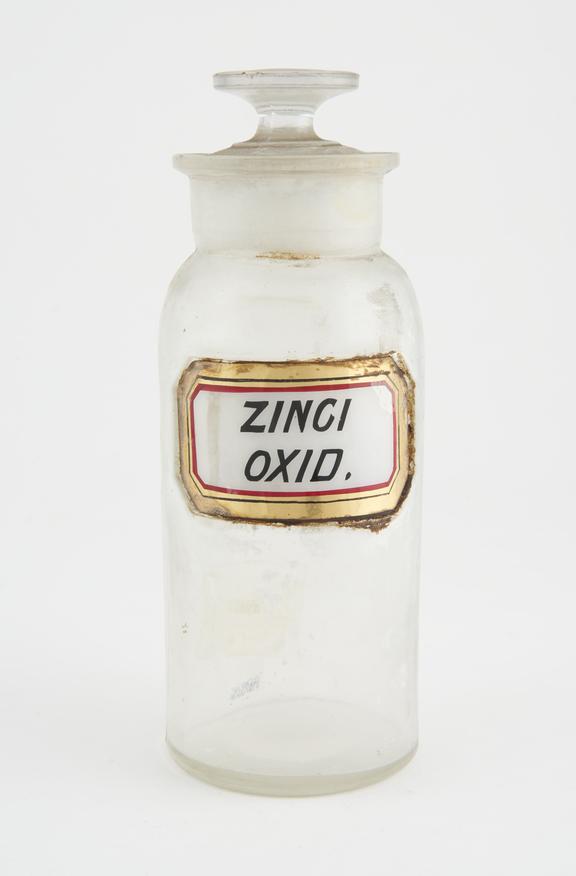 Bottle, clear glass, trace contents, for zinc oxide, USA