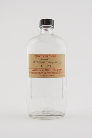 Poison bottle, labelled "SOLUT HYDRARG OXYCYANID..."