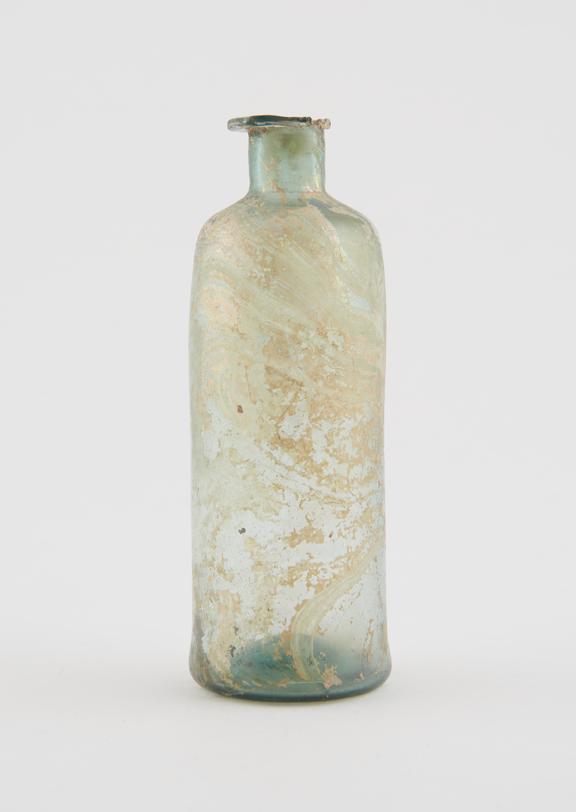 Iridescent glass bottle, cylindrical, pontil mark on base