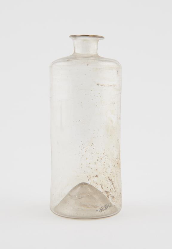 Clear glass bottle, cylindrical, pontil mark on base