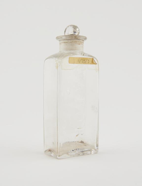 Rectangular storage bottle, clear glass, empty