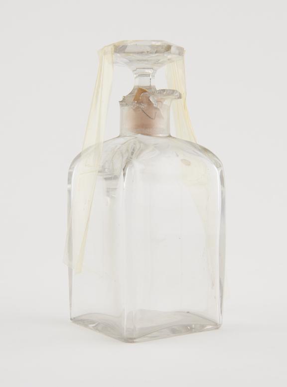 Storage bottle, square, clear glass, empty, English, 1830-1880