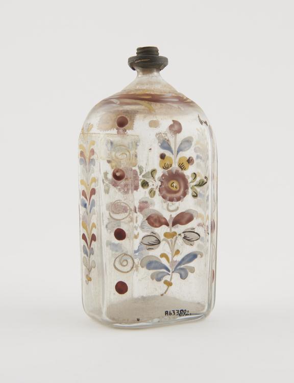 Painted clear glass storage bottle, ? Swiss, 18th century