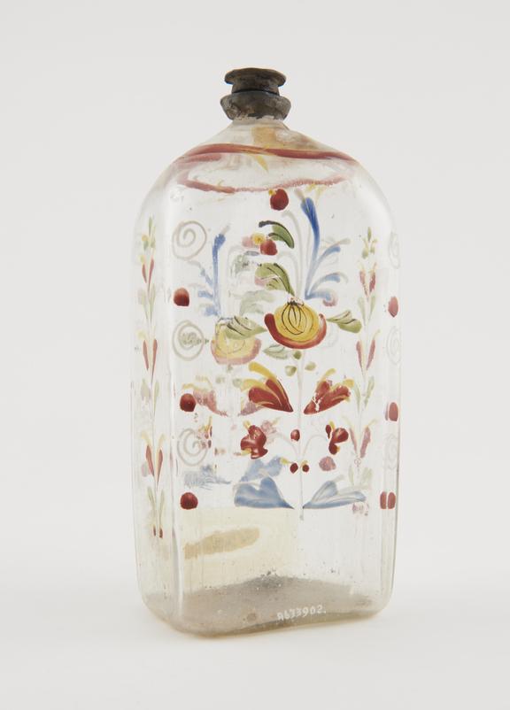 Painted clear glass storage bottle, ? Dutch, 1730-1830