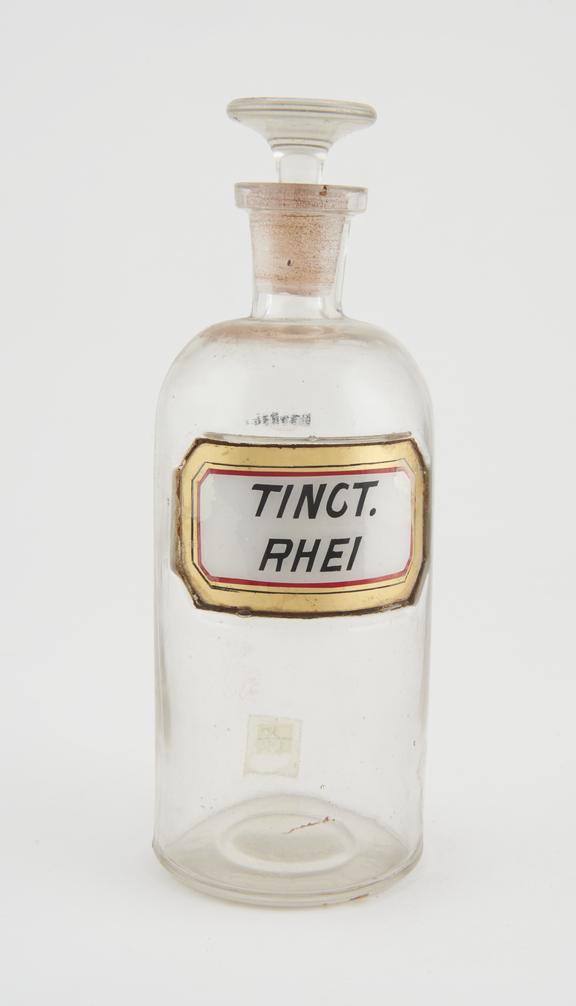 Bottle, clear glass, empty, for tincture of rhubarb, USA