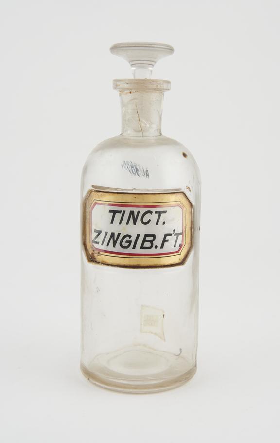 Bottle, clear glass, empty, for tincture of ginger, USA