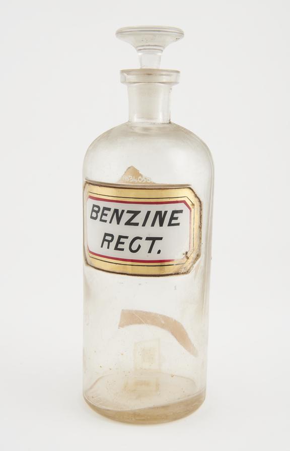 Bottle, clear glass, empty, for benzine, USa, 1867-1900