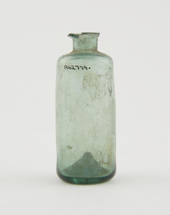 Iridescent glass bottle, cylindrical, pontil mark on base