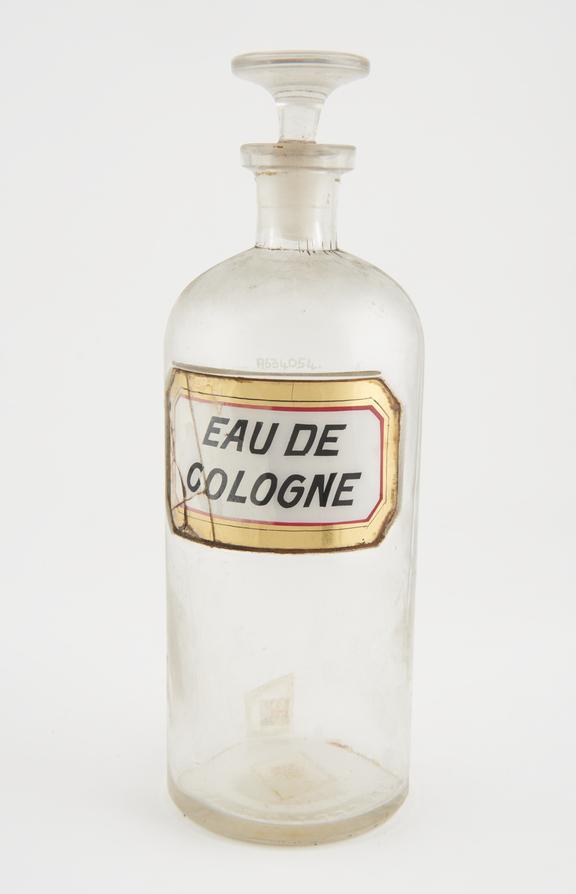 Bottle, clear glass, empty, for eau de cologne, USA