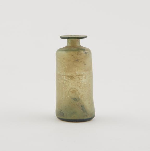 Green glass bottle, iridescent, cylindrical, with pontil mark