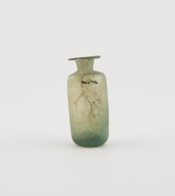 Iridescent glass bottle, cylindrical, pontil mark on base