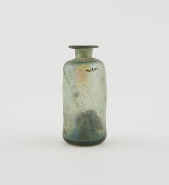 Green glass bottle, iridescent, cylindrical, pontil mark