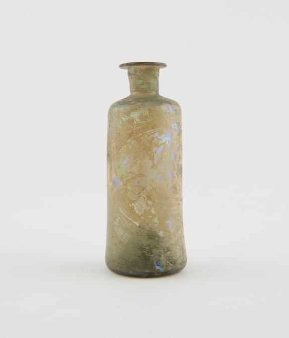 Iridescent glass bottle, cylindrical, pontil mark on base
