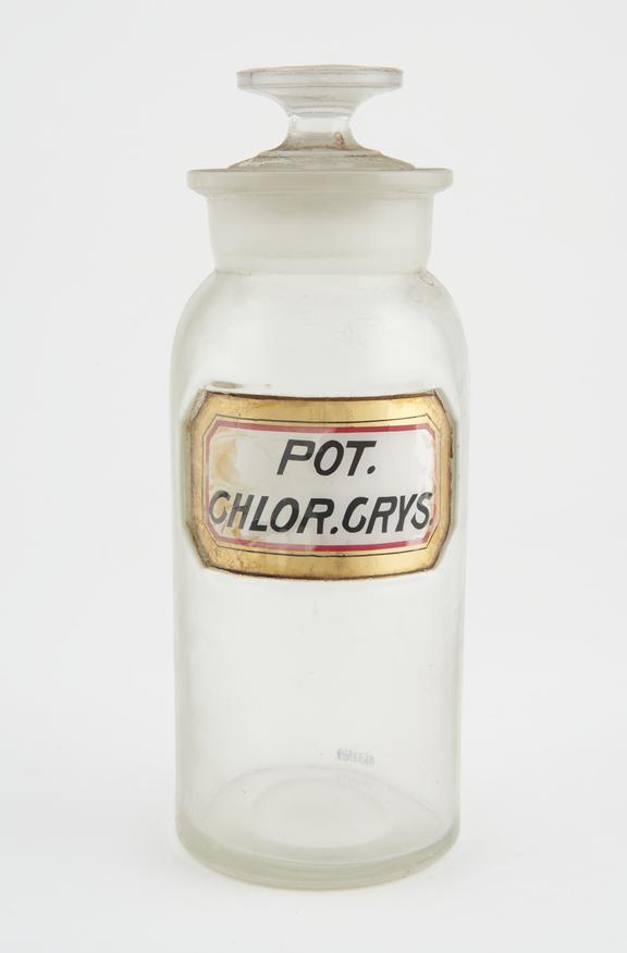 Bottle, clear glass, empty, for crystalline potassium chlorate