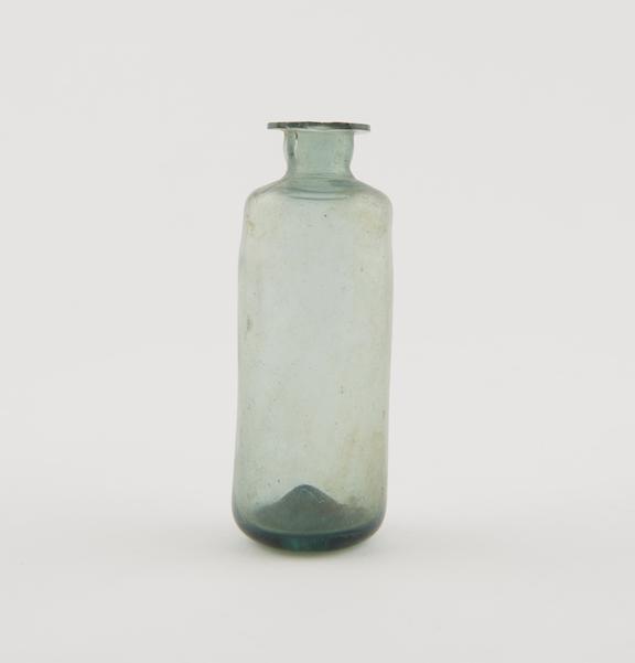 Green glass bottle, cylindrical, pontil mark, hand blown