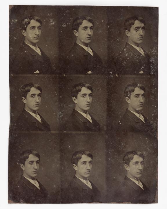 Multiple image tintype of facial expressions.