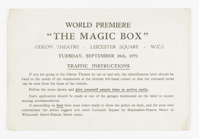 Small card "World Premier - The Magic Box, Odeon Theatre