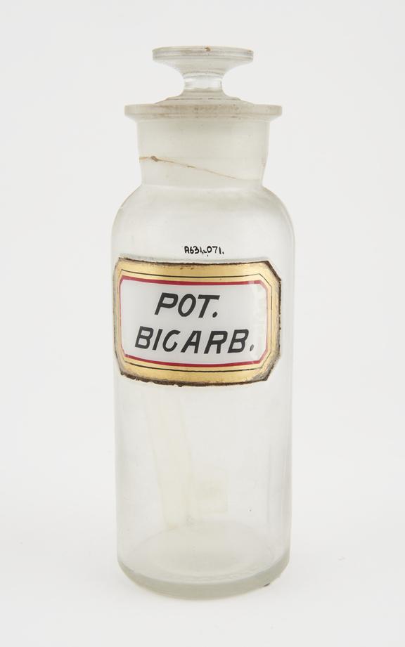 Bottle, clear glass, empty, for potassium bicarbonate, USA