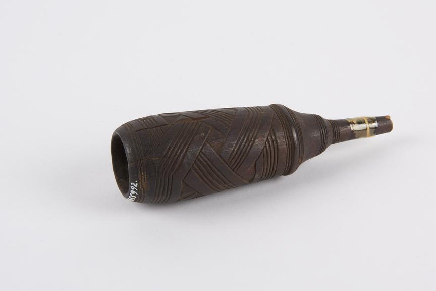 Carved wooden enema funnel, cylindrical vessel