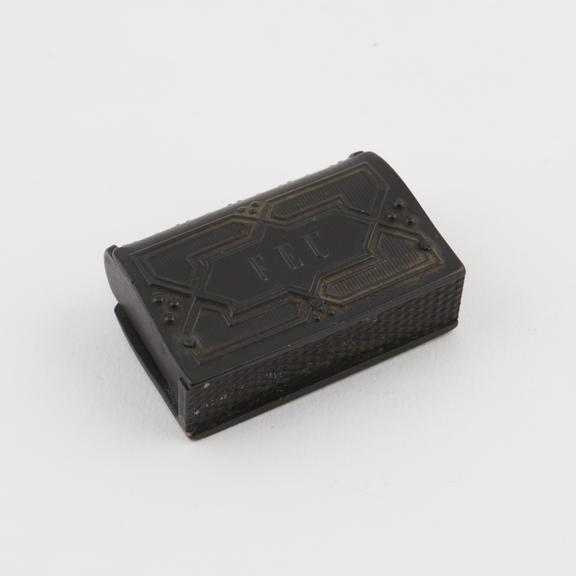 Rectangular Vesta match box of black ebonite ornate moulded