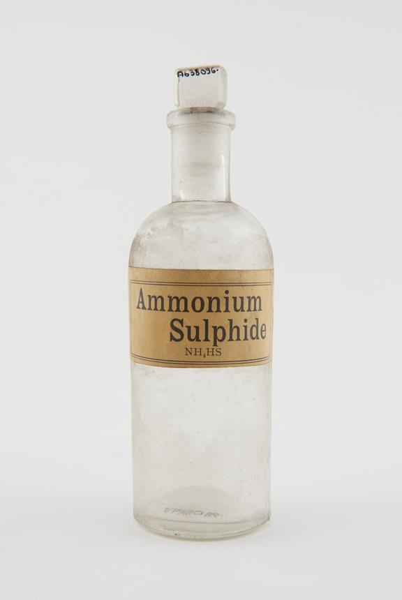 Bottle, shop round, clear glass, for ammonium sulphide