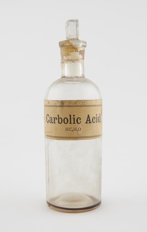 Bottle, shop round, clear glass, for carbolic acid, European