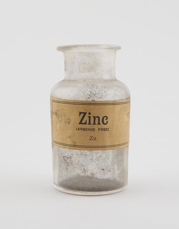 Clear glass shop round for zinc powder, cylindrical