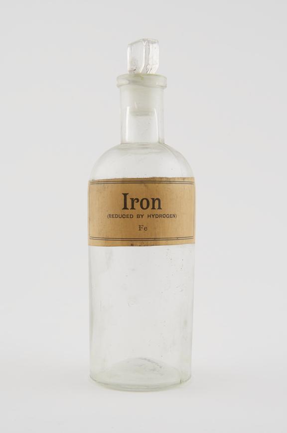 Bottle, shop round, clear glass, for iron, European