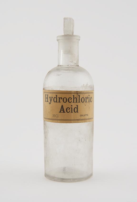 Bottle, shop round, clear glass, for hydrochloric acid