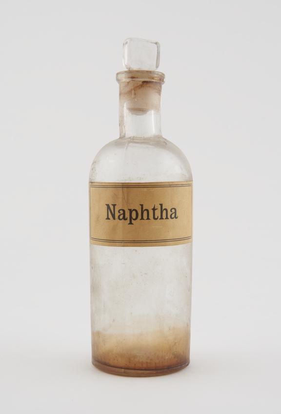 Bottle, shop round, clear glass, for naphtha, European