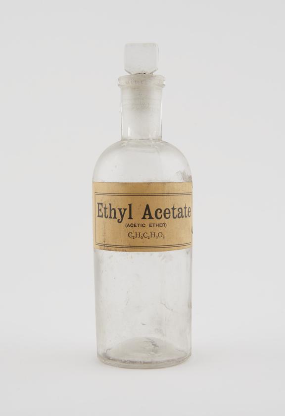 Bottle, shop round, clear glass, for acetic ether, European